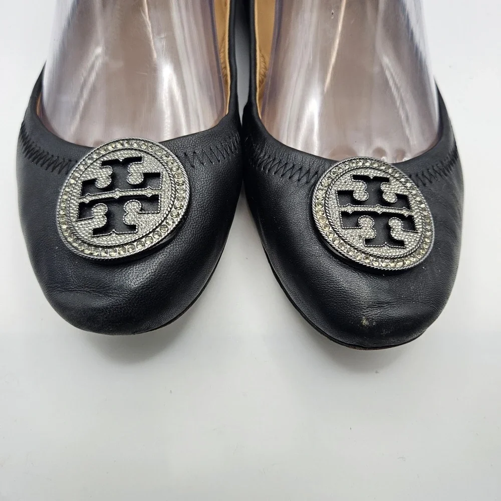 Tory Burch Liana Black Leather Ballet Flats Logo Quiet Luxury Old Money Sz 8.5M